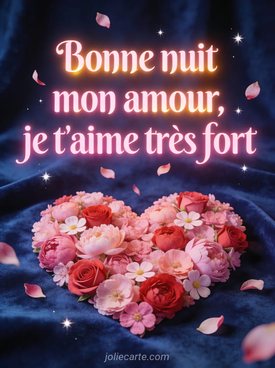 Grand cœur formé de roses pivoines et renoncules sur fond bleu nuit étoilé et le texte Je t'aime très fort bonne nuit