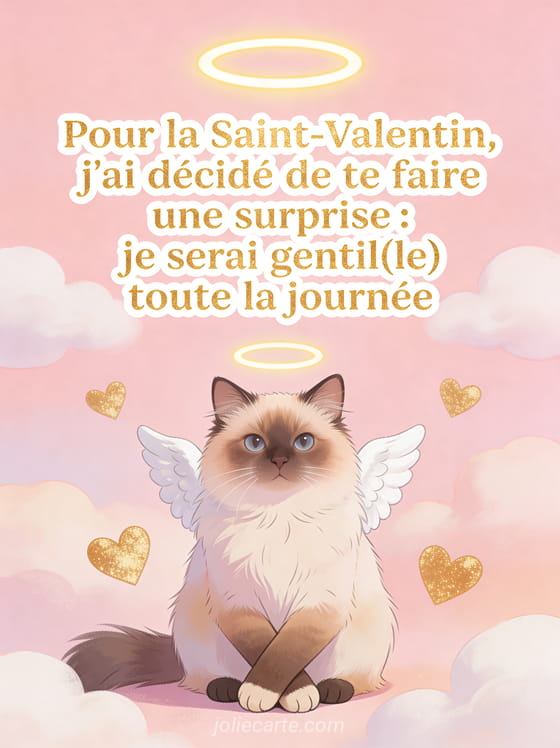 Chat ragdoll avec un halo d'ange et des ailes blanches posant sagement avec cœurs dorés et le texte Je serai gentil toute la journée