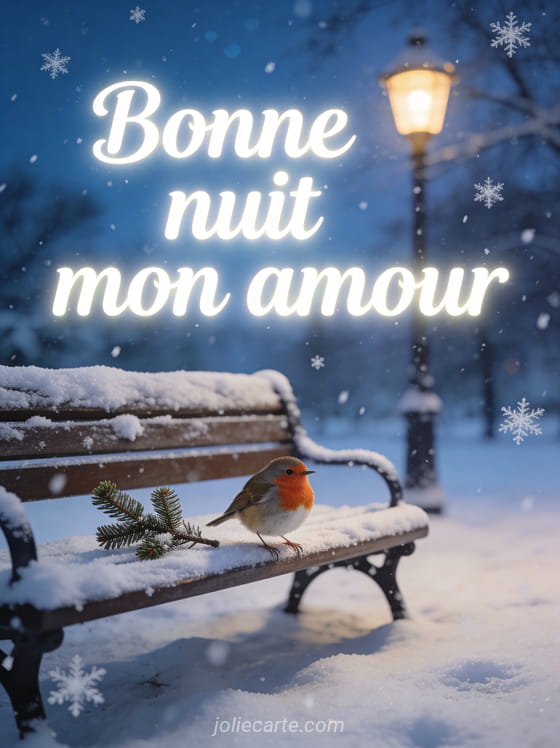 Petit rouge-gorge posé sur un banc enneigé avec le texte Je t'aime mon amour bonne nuit, flocons et réverbère