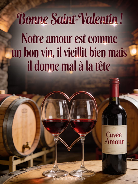 Deux verres de vin rouge dont les pieds forment un cœur avec bouteille Cuvée Amour dans une cave à vin et le texte Notre amour vieillit comme un bon vin