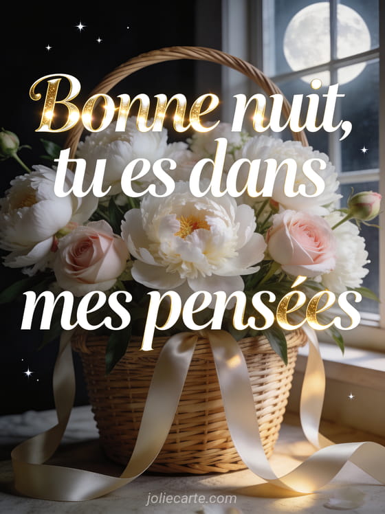 Pivoines blanches et roses dans un panier en osier avec rubans sous la lumière de lune et le texte Bonne nuit