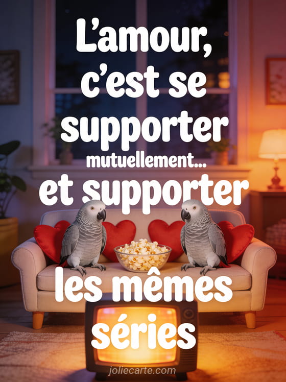 Deux perroquets gris sur un canapé miniature avec coussins cœurs et pop-corn devant une télé avec le texte L'amour c'est supporter les mêmes séries