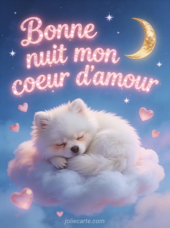 Petit Spitz blanc endormi sur un nuage avec cœurs et croissant de lune et le texte Bonne nuit mon cœur d'amour