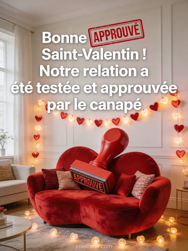 Canapé rouge en forme de cœur avec tampon géant rouge Approuvé et guirlande de cœurs avec le texte Notre relation testée et approuvée par le canapé