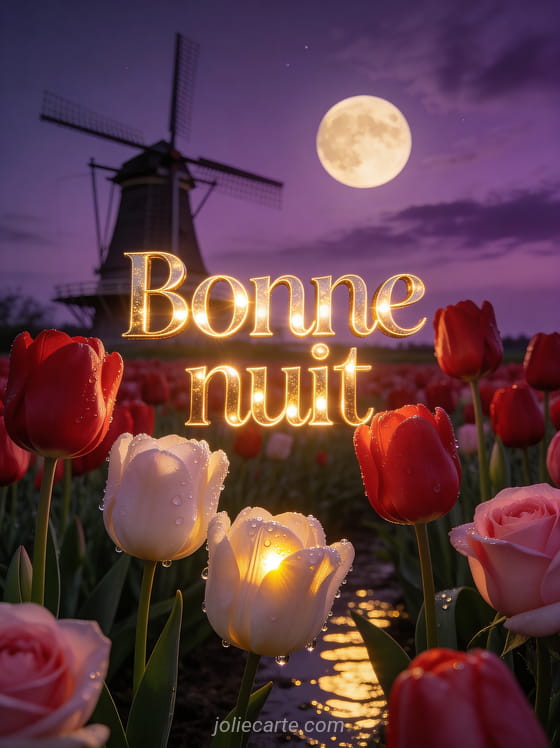 Champ de tulipes rouges et roses sous un ciel nocturne violet avec le texte Je t'aime bonne nuit en lettres dorées lumineuses