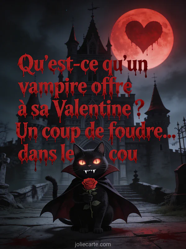 Chat noir avec dents de vampire et cape tenant une rose rouge devant un château gothique avec lune rouge en cœur et la blague du vampire