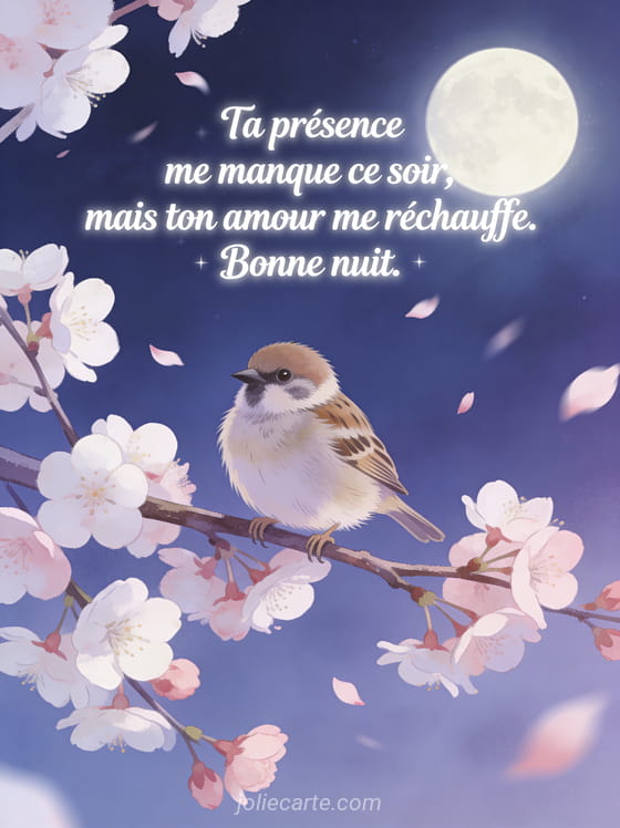 Moineau sur une branche de prunier en fleurs sous la lune avec pétales tombant et le texte Bonne nuit romantique