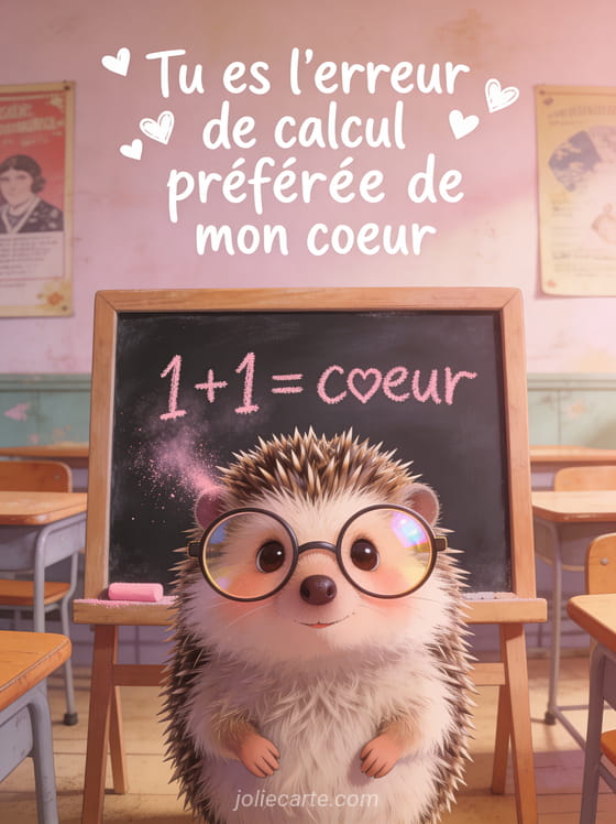 Hérisson avec grosses lunettes devant un tableau noir montrant 1+1=cœur avec le texte Tu es l'erreur de calcul préférée de mon cœur