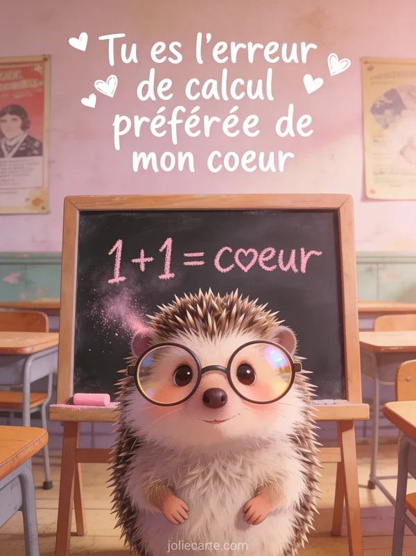 Hérisson avec grosses lunettes devant un tableau noir montrant 1+1=cœur avec le texte Tu es l'erreur de calcul préférée de mon cœur