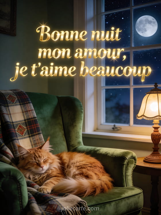 Chat Maine Coon roux endormi sur un fauteuil vert avec couverture écossaise et lampe vintage et le texte Je t'aime beaucoup