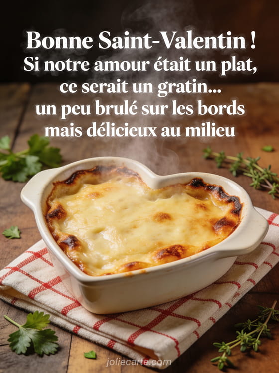 Plat de gratin fumant en forme de cœur avec fromage doré brûlé sur les bords sur un torchon à carreaux et le texte Notre amour est un gratin