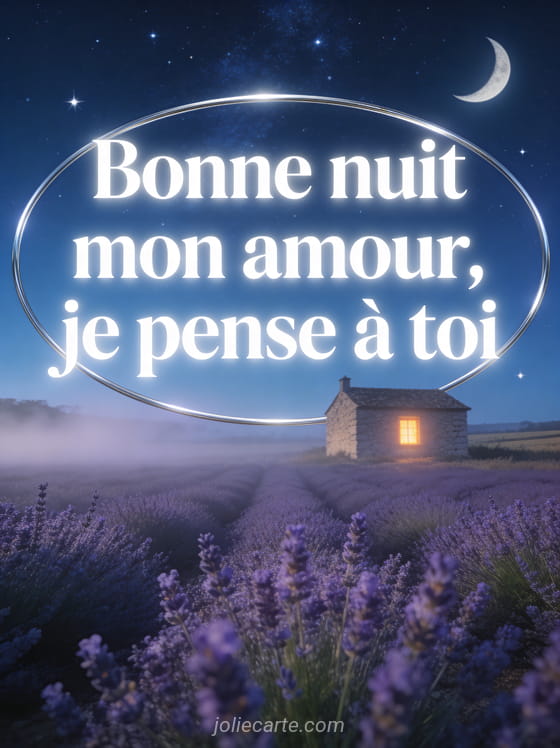 Champ de lavande sous un ciel étoilé avec maison en pierre et croissant de lune et le texte Bonne nuit je pense à toi