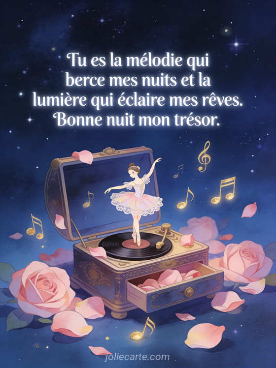 Boîte à musique ancienne ouverte avec pétales de roses et notes de musique dorées et le texte SMS romantique bonne nuit