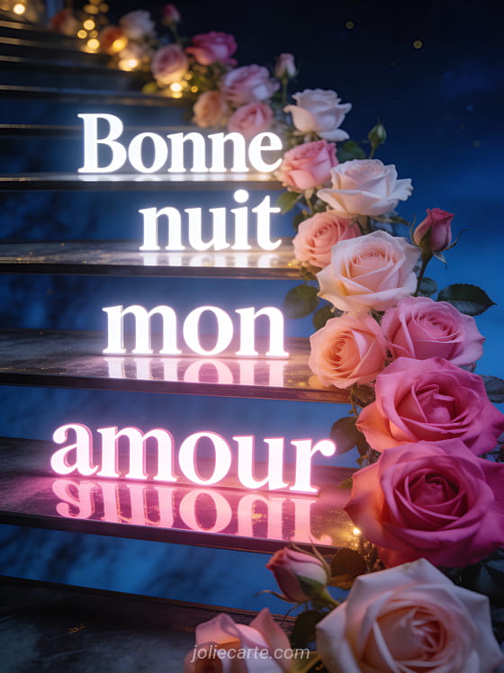 Cascade de roses anglaises de toutes teintes de rose sur fond nocturne bleu profond et le texte Bonne nuit mon amour
