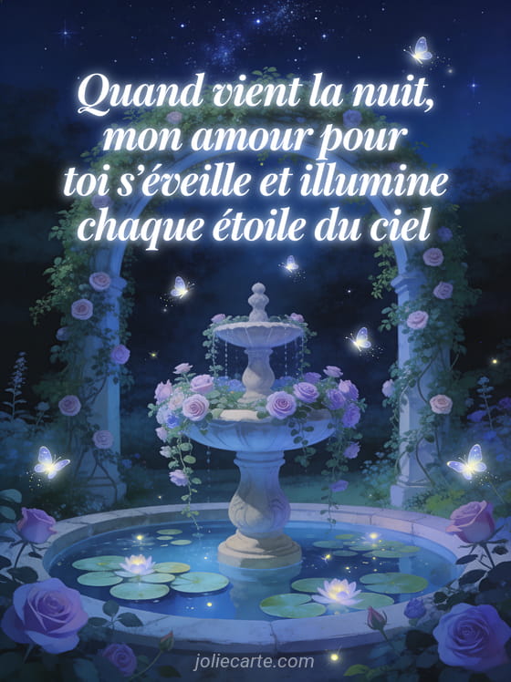 Jardin secret avec fontaine en pierre roses grimpantes et lucioles sous un ciel étoilé et le texte Poème bonne nuit