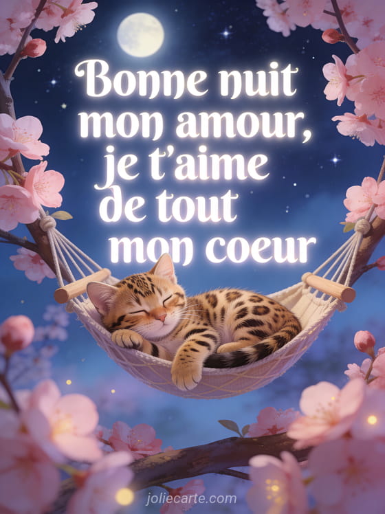 Chaton Bengal endormi dans un hamac miniature entre des branches de cerisier en fleurs sous la lune et le texte Je t'aime
