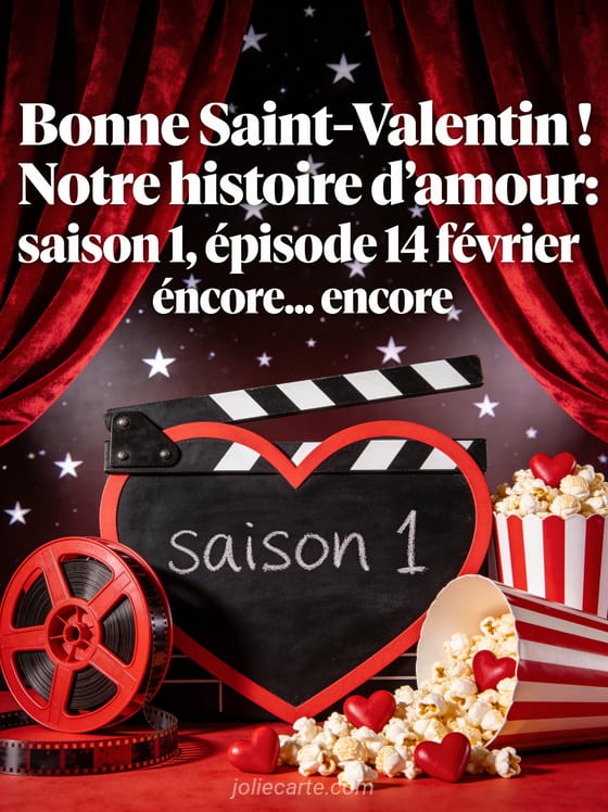 Ardoise de cinéma en forme de cœur avec Saison 1 écrit dessus pop-corn en cœurs et bobine de film devant rideau rouge et le texte Notre histoire d'amour saison 1