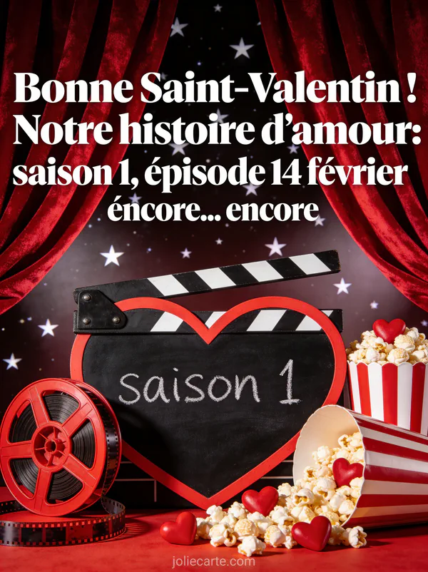 Ardoise de cinéma en forme de cœur avec Saison 1 écrit dessus pop-corn en cœurs et bobine de film devant rideau rouge et le texte Notre histoire d'amour saison 1