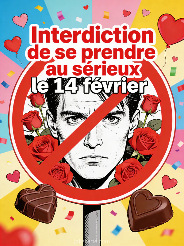 Panneau d'interdiction rouge au milieu de roses chocolats et cœurs avec confettis et le texte Interdiction de se prendre au sérieux le 14 février