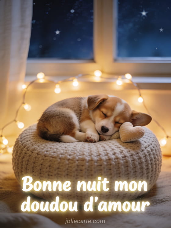 Chiot Corgi endormi sur un pouf en tricot avec peluche cœur et guirlande lumineuse et le texte Bonne nuit doudou d'amour