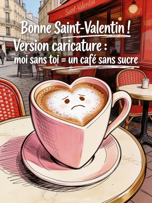 Tasse de café géante en forme de cœur avec un visage triste dans la mousse style croquis dans un bistrot parisien et le texte Moi sans toi un café sans sucre