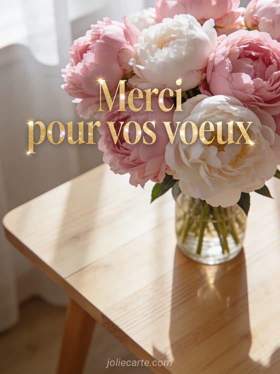 Bouquet de pivoines roses et blanches sur table en bois clair avec le texte Merci pour vos voeux en lettres dorées