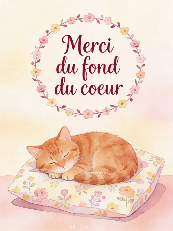 Chat roux endormi sur un coussin fleuri avec le texte Merci du fond du coeur en aquarelle bordeaux