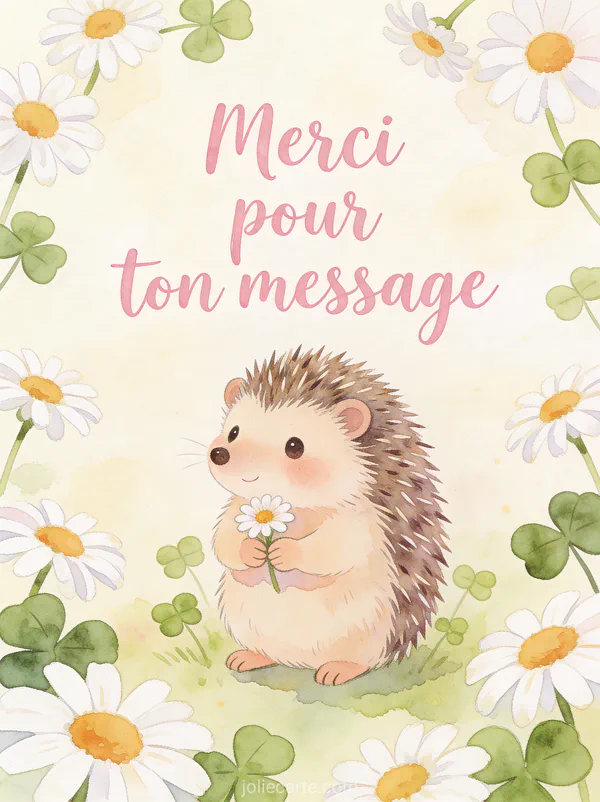 Adorable hérisson tenant une petite fleur entouré de marguerites et de trèfles avec le texte Merci pour ton message