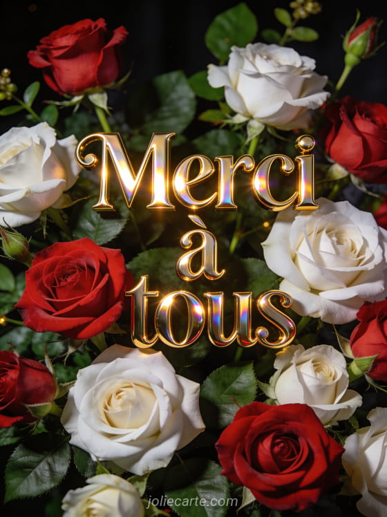 Bouquet de roses rouges et blanches sur fond sombre avec le texte Merci à tous en lettres dorées lumineuses