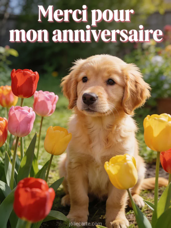 Petit chien golden retriever assis dans un jardin printanier entouré de tulipes avec le texte Merci pour mon anniversaire