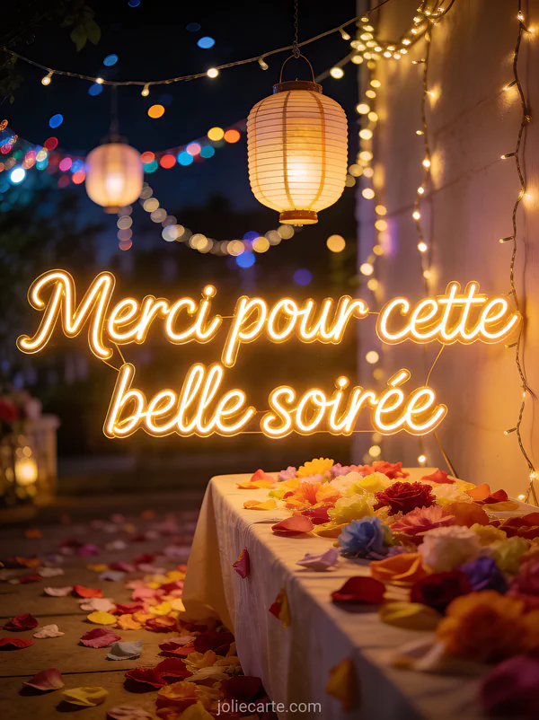 Scène nocturne festive avec guirlandes lumineuses, lanternes suspendues et pétales de fleurs sur une table avec le texte Merci pour cette belle soirée en néon doré