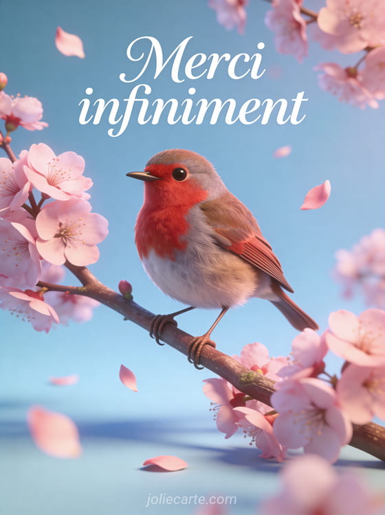 Oiseau rouge-gorge sur une branche de cerisier en fleurs avec le texte Merci infiniment sur fond bleu pastel