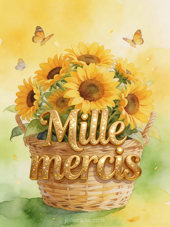 Bouquet de tournesols dans un panier en osier avec papillons et le texte Mille mercis sur fond aquarelle
