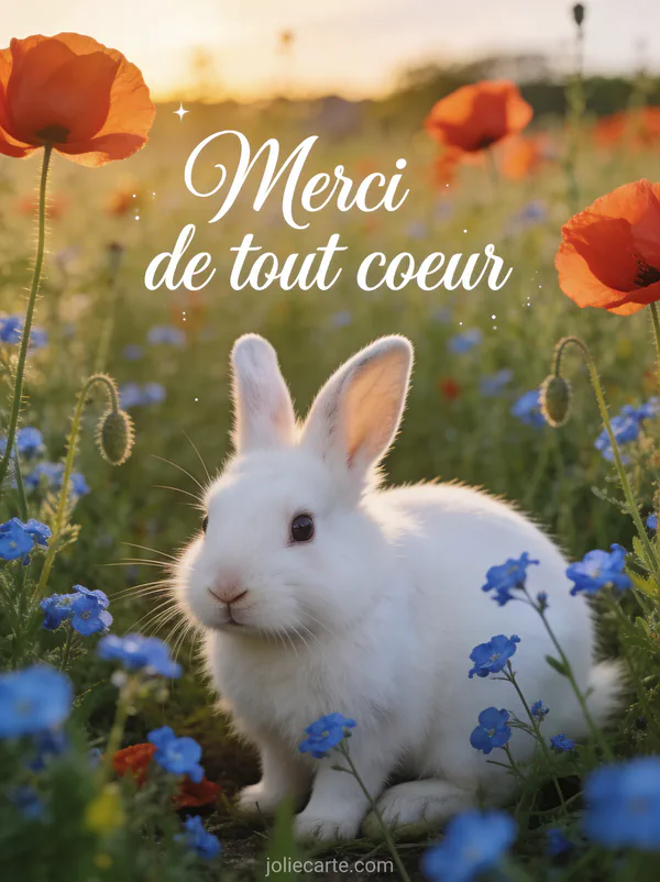 Petit lapin blanc assis dans un pré fleuri de coquelicots et bleuets avec le texte Merci de tout coeur
