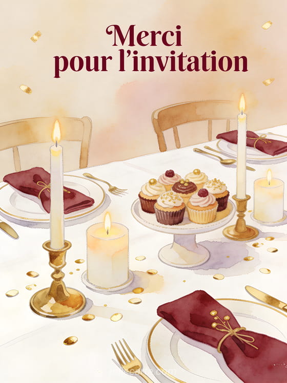 Table dressée avec nappe blanche, bougies allumées et petits gâteaux décorés avec le texte Merci pour l'invitation