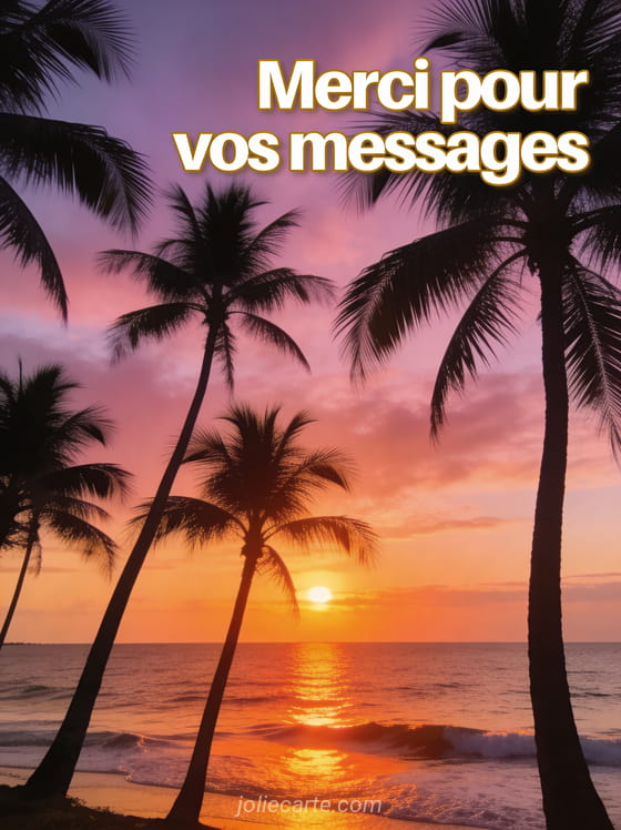 Coucher de soleil sur la mer avec reflets orangés et silhouettes de palmiers avec le texte Merci pour vos messages