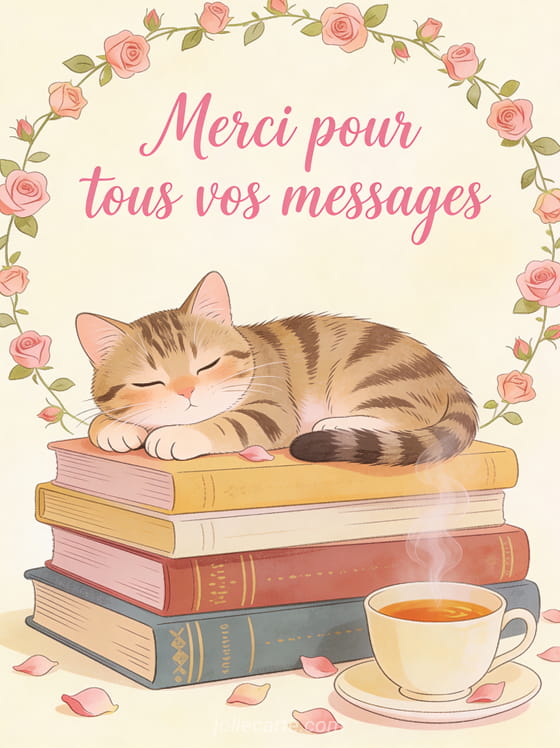 Chat tigré allongé sur une pile de livres avec une tasse de thé fumante et une guirlande de roses, texte Merci pour tous vos messages
