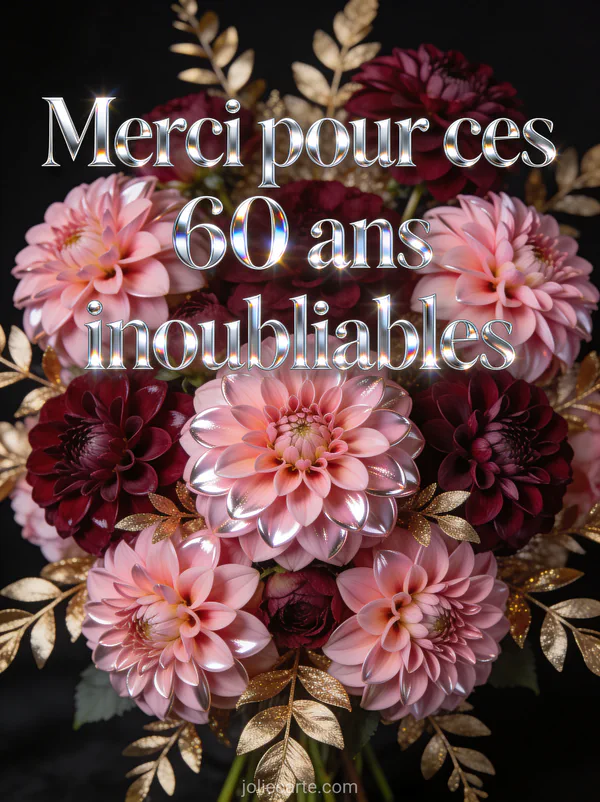 Arrangement de dahlias roses et bordeaux avec feuillage doré sur fond noir et le texte Merci pour ces 60 ans inoubliables en lettres argentées