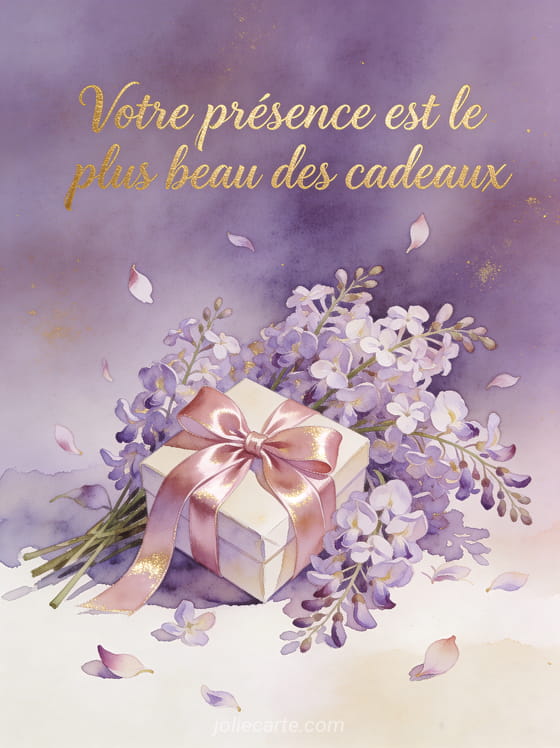 Illustration aquarelle d'un cadeau avec ruban rose posé parmi des fleurs de glycine avec le texte Votre présence est le plus beau des cadeaux