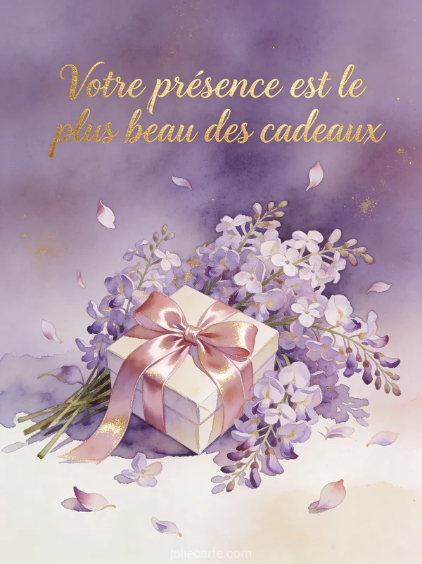 Illustration aquarelle d'un cadeau avec ruban rose posé parmi des fleurs de glycine avec le texte Votre présence est le plus beau des cadeaux