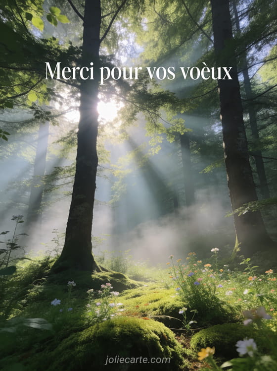 Forêt enchantée traversée de rayons de soleil avec mousse verte et fleurs sauvages, texte Merci pour vos voeux