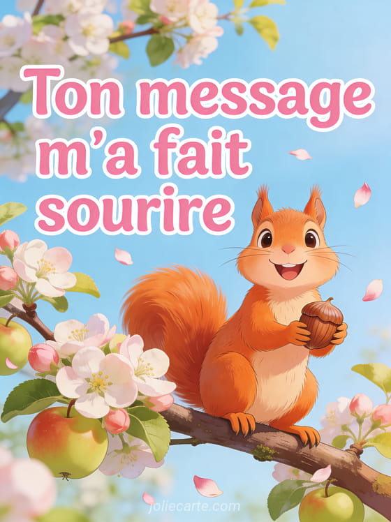 Écureuil roux souriant sur une branche de pommier en fleurs avec le texte Ton message m’a fait sourire