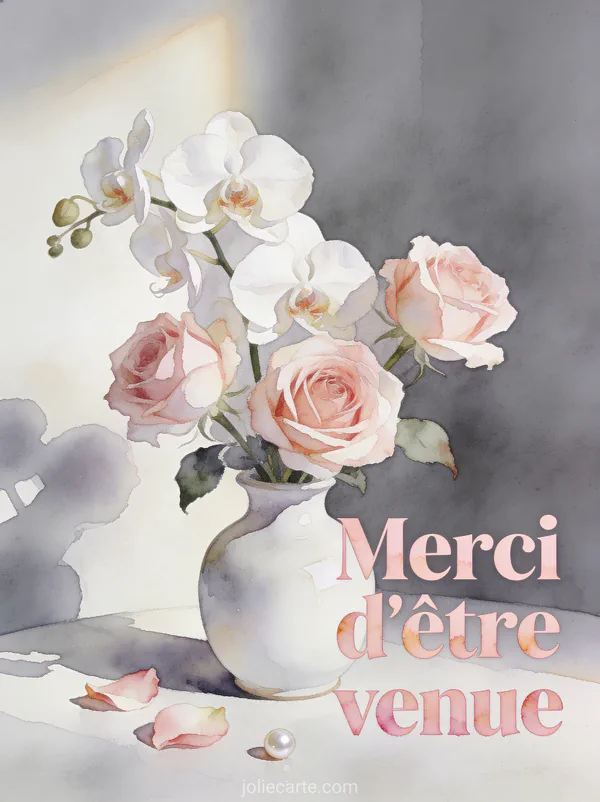 Orchidées blanches et roses dans un vase en céramique avec le texte Merci d'être venue
