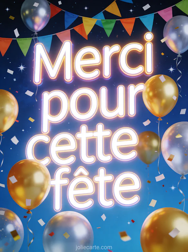 Illustration festive avec ballons dorés et argentés, confettis et guirlandes sur fond bleu nuit avec le texte Merci pour cette fête