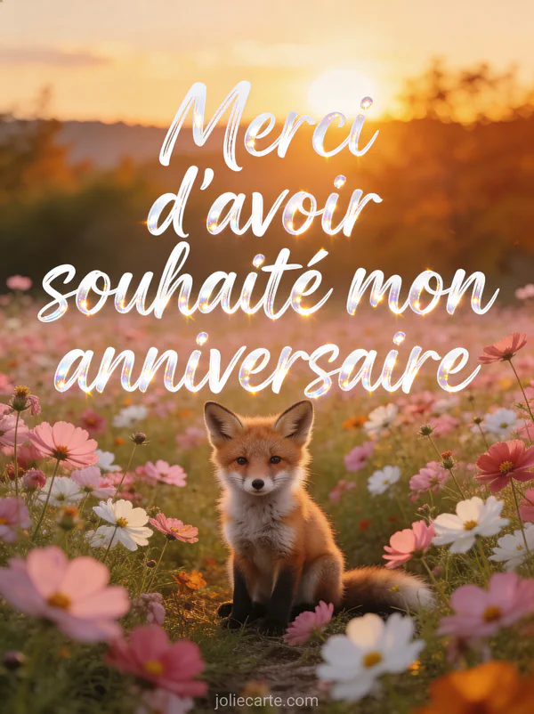 Illustration d'un petit renard assis dans un champ de cosmos roses et blancs au coucher du soleil avec le texte Merci d'avoir souhaité mon anniversaire