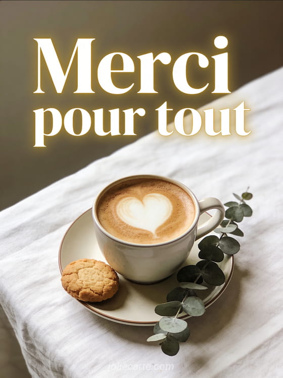Tasse de café latte art en forme de cœur sur une soucoupe avec un biscuit et le texte Merci pour tout