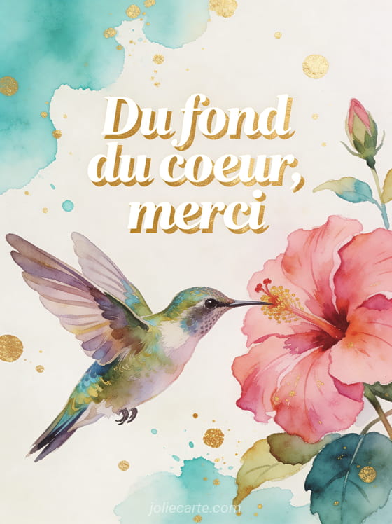 Illustration aquarelle d'un colibri aux plumes irisées butinant un hibiscus rose avec le texte Du fond du coeur merci