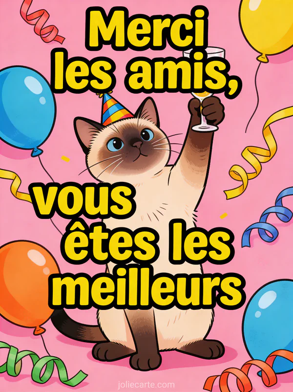 Chat siamois comique avec chapeau de fête levant la patte entouré de ballons et serpentins avec le texte Merci les amis