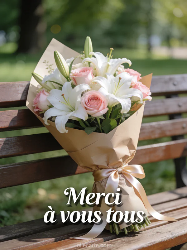 Bouquet de lys blancs et roses dans un emballage kraft posé sur un banc de parc avec le texte Merci à vous tous
