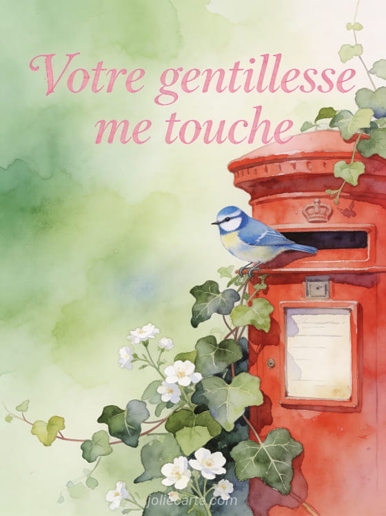 Mésange bleue posée sur une boîte à lettres vintage rouge entourée de lierre et fleurs blanches avec le texte Votre gentillesse me touche